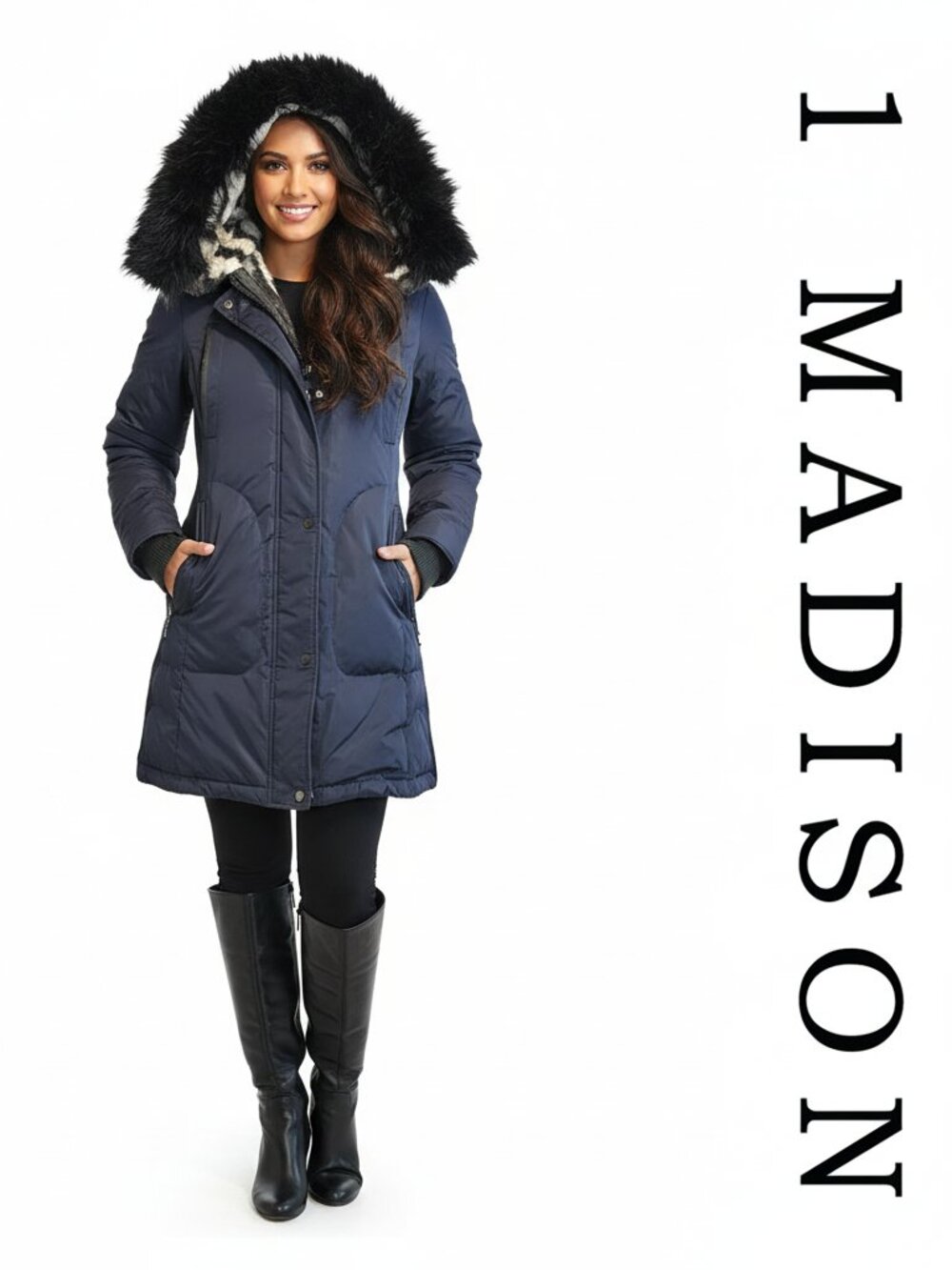 1 Madison Down Parka Navy XS Long Winter Coat Faux Fur Hood Puffer As-Is